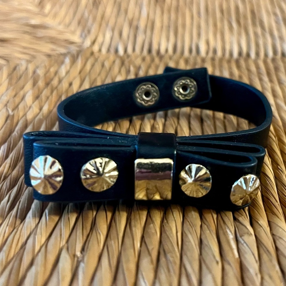 Yik Fung Black Leather Bow Wrap Cuff Bracelet Gold Studs Snap Closure